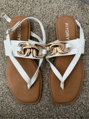 White Leather-Tone Chain Thong Sandals